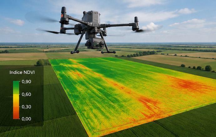 Drone agricole au-dessus d'une parcelle avec cartographie NDVI