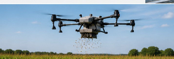 Drone DJI Agras réalisant un semis de couvert au-dessus d'un champ de maïs
