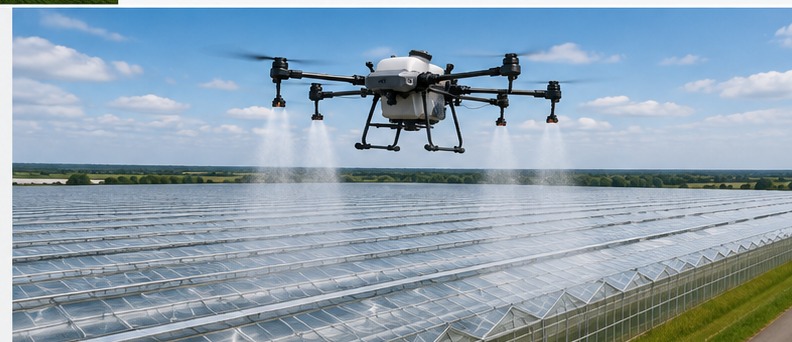 Drone DJI Agras intervenant au-dessus d'une grande serre agricole